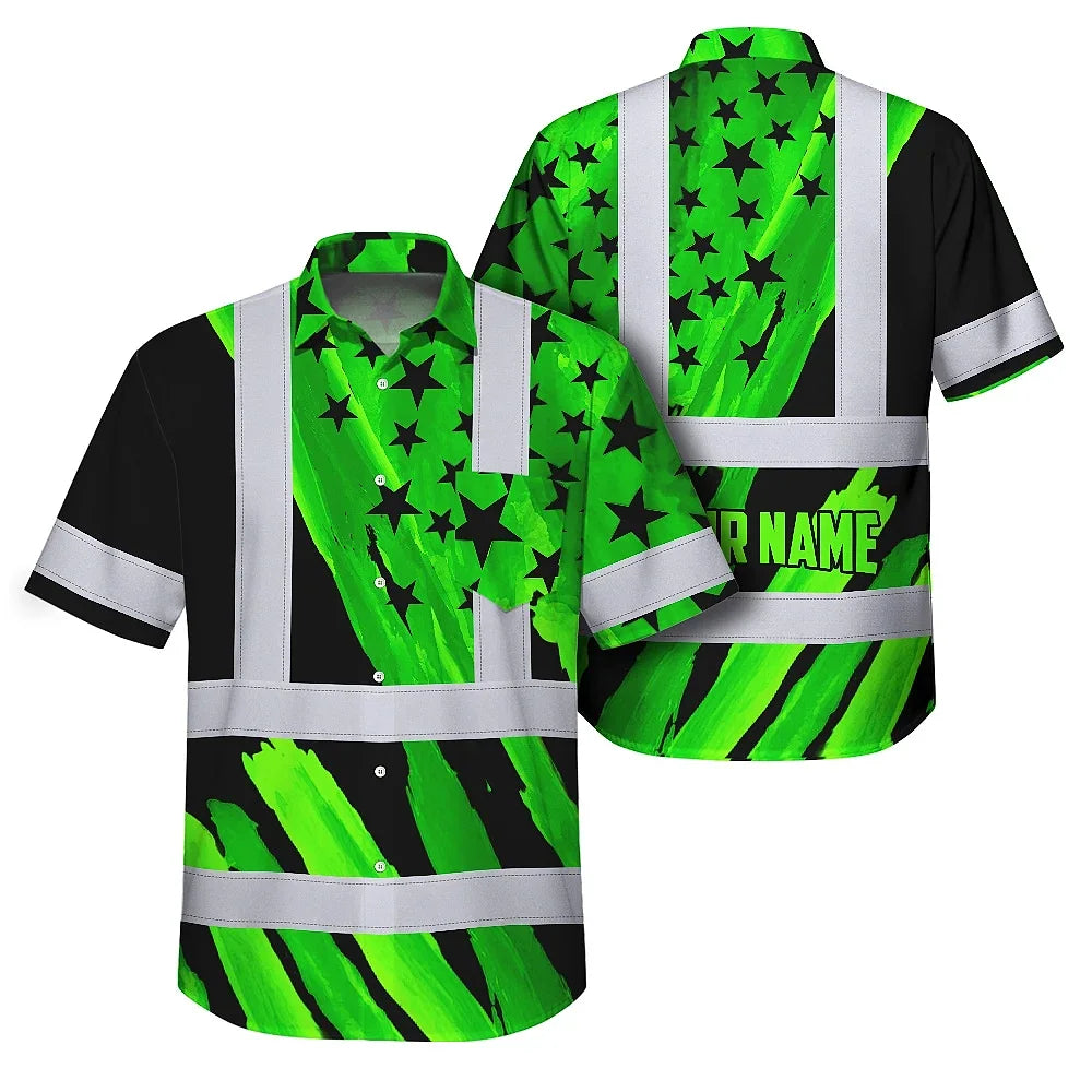 Hi Vis Hawaiian Shirt Reflective Tapes US Flag Black Green Custom Name Safety Workwear For Workers, Truckers, Operators, Independence