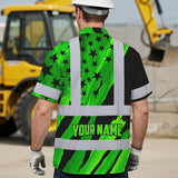 Hi Vis Hawaiian Shirt Reflective Tapes US Flag Black Green Custom Name Safety Workwear For Workers, Truckers, Operators, Independence