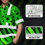 Hi Vis Hawaiian Shirt Reflective Tapes US Flag Black Green Custom Name Safety Workwear For Workers, Truckers, Operators, Independence