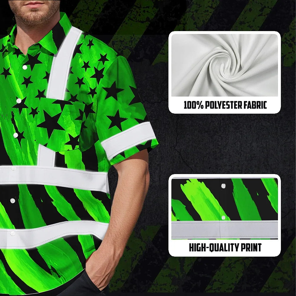 Hi Vis Hawaiian Shirt Reflective Tapes US Flag Black Green Custom Name Safety Workwear For Workers, Truckers, Operators, Independence