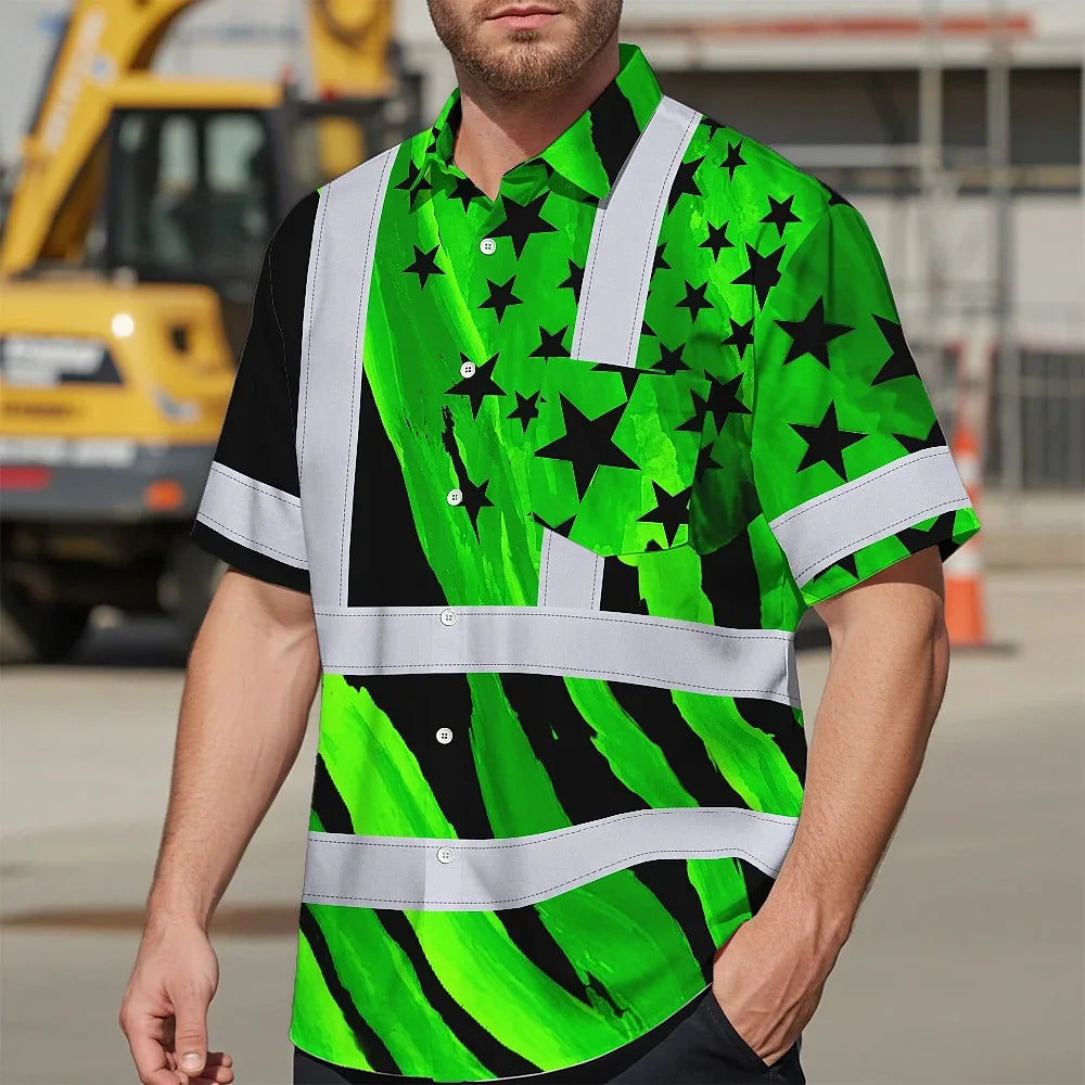 Hi Vis Hawaiian Shirt Reflective Tapes US Flag Black Green Custom Name Safety Workwear For Workers, Truckers, Operators, Independence