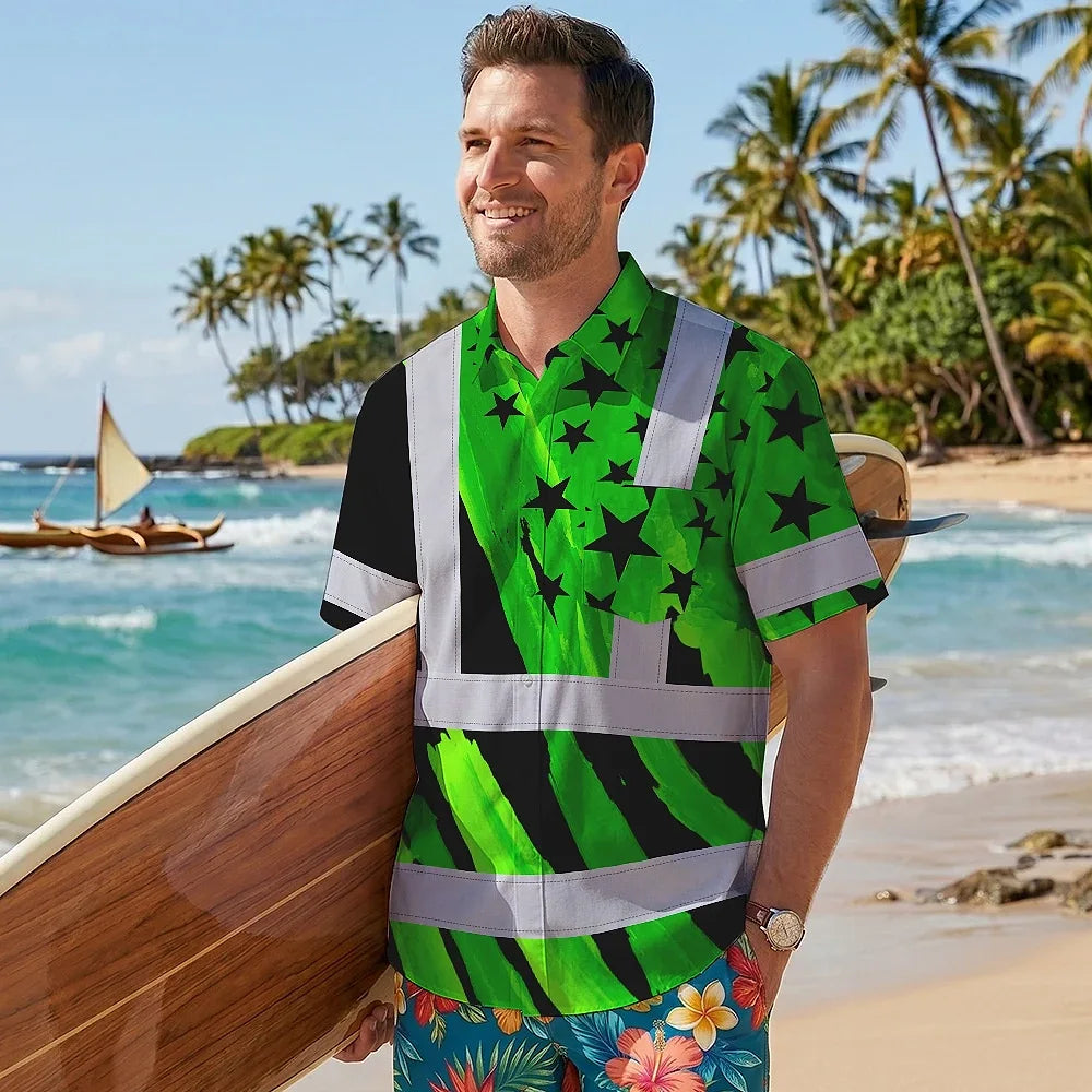 Hi Vis Hawaiian Shirt Reflective Tapes US Flag Black Green Custom Name Safety Workwear For Workers, Truckers, Operators, Independence