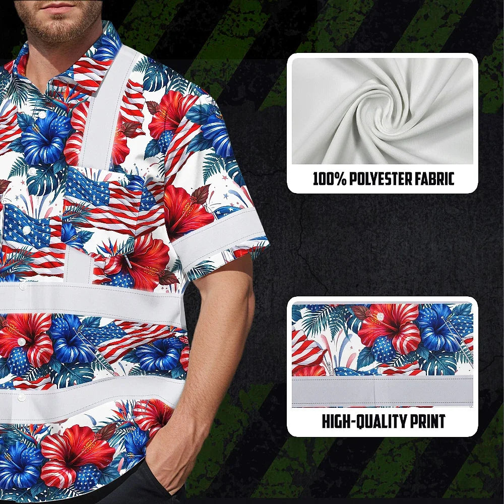 Hi Vis Hawaiian Shirt Reflective Tapes US Flag Blue And Red Custom Name Safety Workwear For Workers, Truckers, Operators, Independence