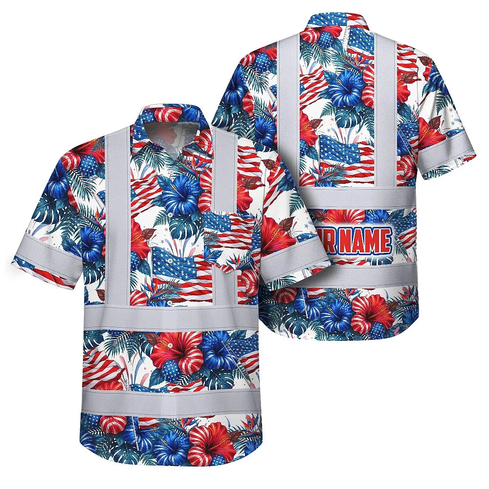 Hi Vis Hawaiian Shirt Reflective Tapes US Flag Blue And Red Custom Name Safety Workwear For Workers, Truckers, Operators, Independence