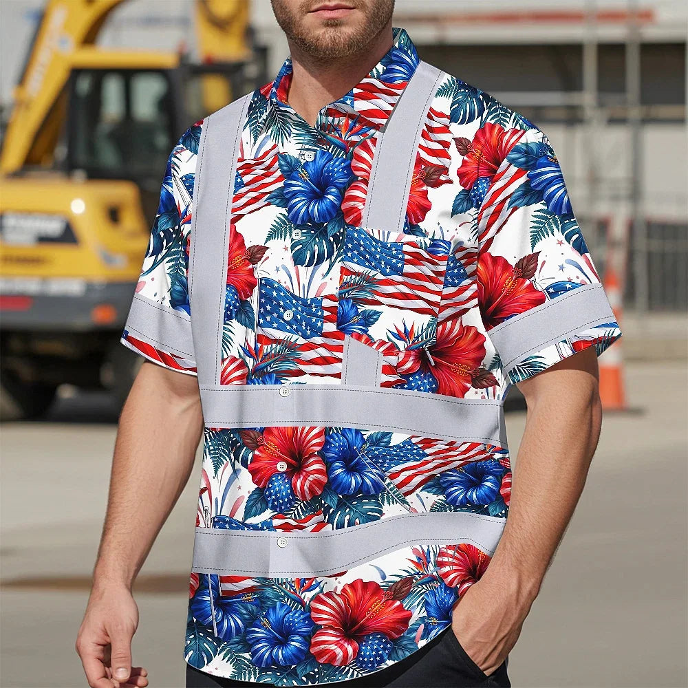 Hi Vis Hawaiian Shirt Reflective Tapes US Flag Blue And Red Custom Name Safety Workwear For Workers, Truckers, Operators, Independence