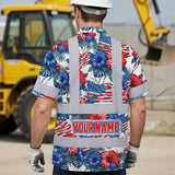 Hi Vis Hawaiian Shirt Reflective Tapes US Flag Blue And Red Custom Name Safety Workwear For Workers, Truckers, Operators, Independence