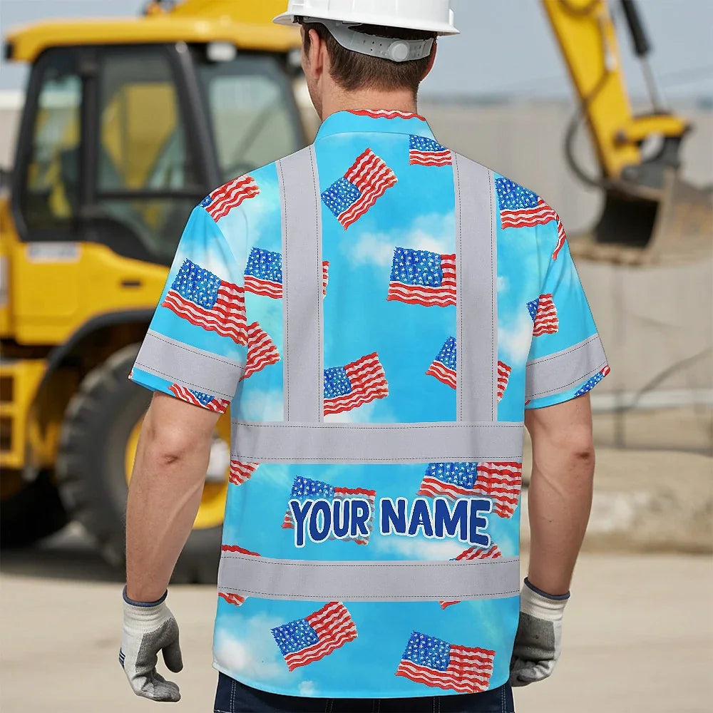 Hi Vis Hawaiian Shirt Reflective Tapes US Flag Blue Custom Name Safety Workwear For Workers, Truckers, Operators, Independence