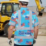 Hi Vis Hawaiian Shirt Reflective Tapes US Flag Blue Custom Name Safety Workwear For Workers, Truckers, Operators, Independence