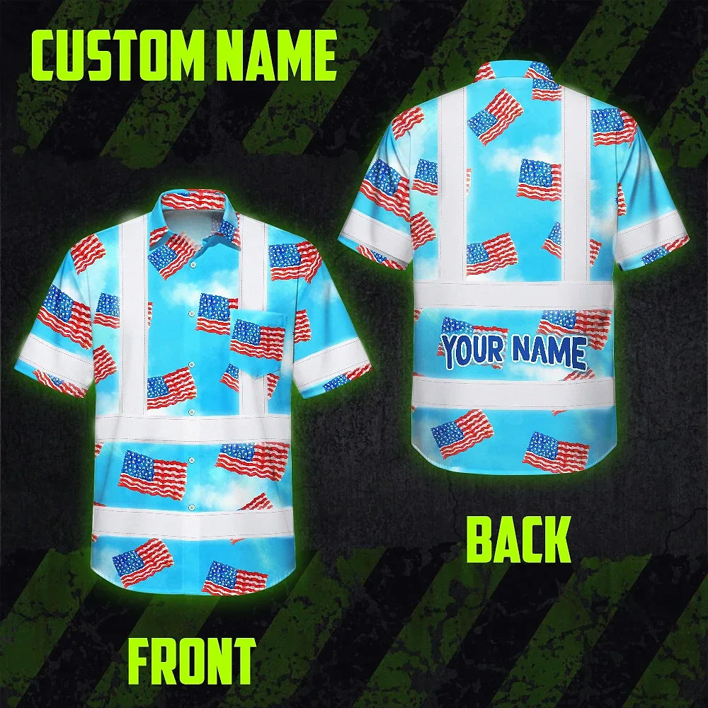 Hi Vis Hawaiian Shirt Reflective Tapes US Flag Blue Custom Name Safety Workwear For Workers, Truckers, Operators, Independence