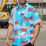 Hi Vis Hawaiian Shirt Reflective Tapes US Flag Blue Custom Name Safety Workwear For Workers, Truckers, Operators, Independence