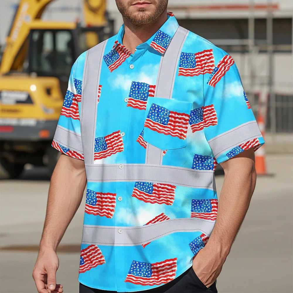 Hi Vis Hawaiian Shirt Reflective Tapes US Flag Blue Custom Name Safety Workwear For Workers, Truckers, Operators, Independence