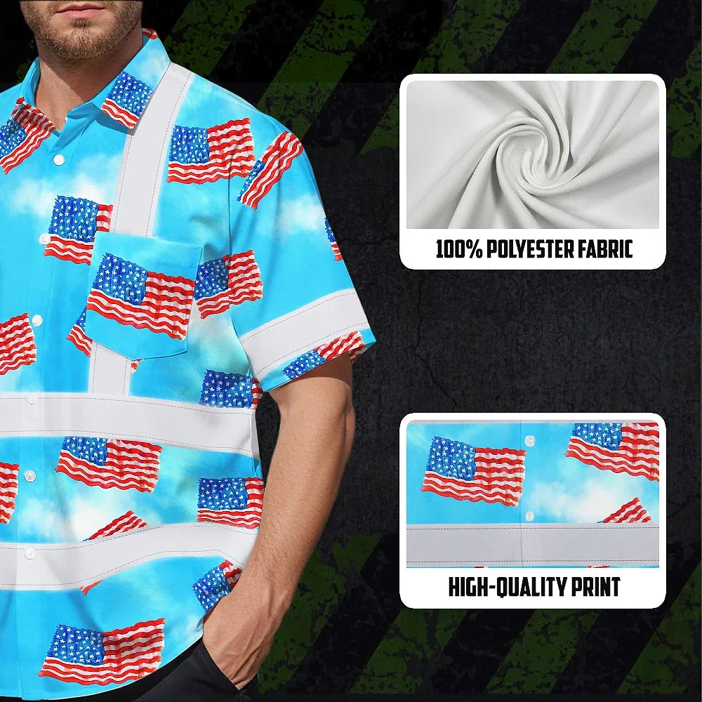 Hi Vis Hawaiian Shirt Reflective Tapes US Flag Blue Custom Name Safety Workwear For Workers, Truckers, Operators, Independence