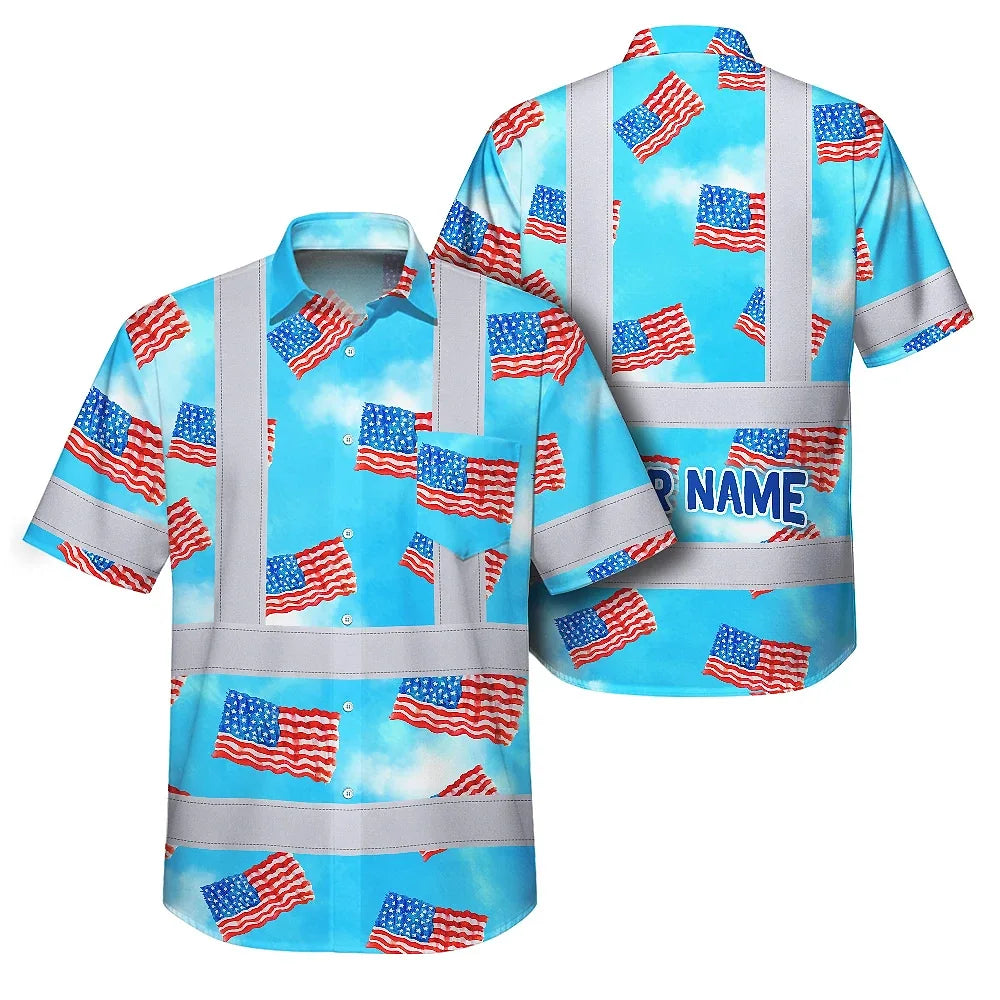 Hi Vis Hawaiian Shirt Reflective Tapes US Flag Blue Custom Name Safety Workwear For Workers, Truckers, Operators, Independence