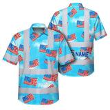 Hi Vis Hawaiian Shirt Reflective Tapes US Flag Blue Custom Name Safety Workwear For Workers, Truckers, Operators, Independence