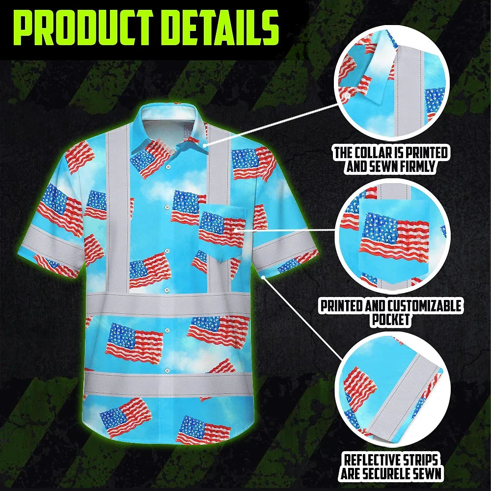 Hi Vis Hawaiian Shirt Reflective Tapes US Flag Blue Custom Name Safety Workwear For Workers, Truckers, Operators, Independence