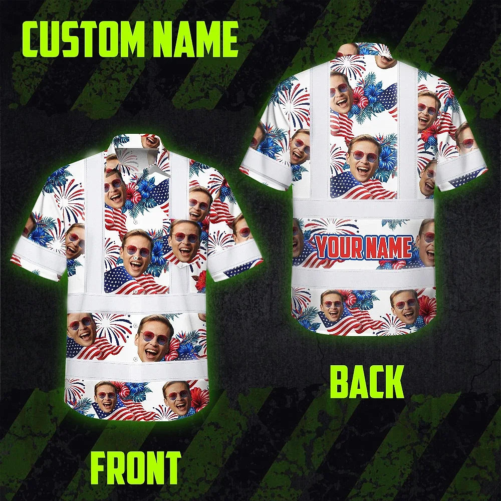 Hi Vis Hawaiian Shirt Reflective Tapes US Flag Blue Red Custom Name And Image Safety Workwear For Workers, Truckers, Operators, Independence