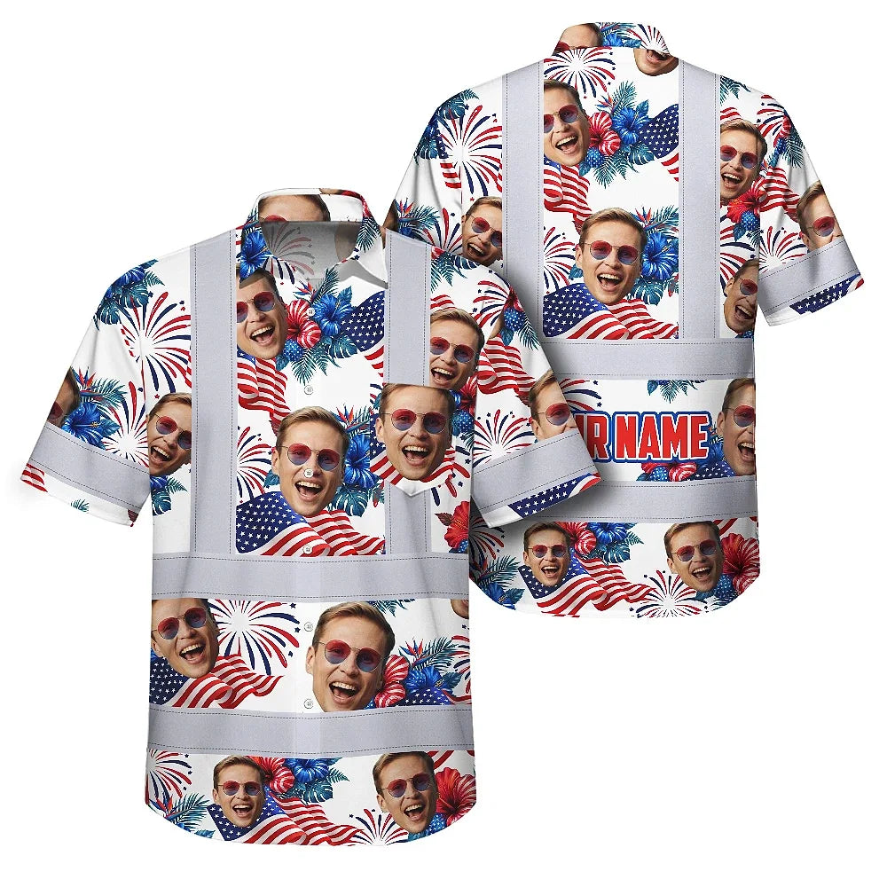 Hi Vis Hawaiian Shirt Reflective Tapes US Flag Blue Red Custom Name And Image Safety Workwear For Workers, Truckers, Operators, Independence