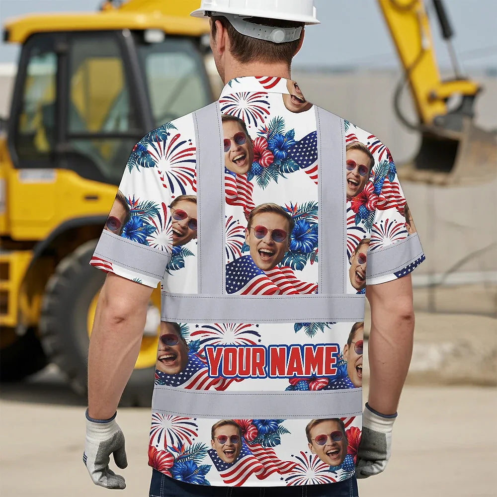 Hi Vis Hawaiian Shirt Reflective Tapes US Flag Blue Red Custom Name And Image Safety Workwear For Workers, Truckers, Operators, Independence