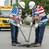 Hi Vis Hawaiian Shirt Reflective Tapes US Flag Blue Red Tree Custom Name Safety Workwear For Workers, Truckers, Operators, Independence