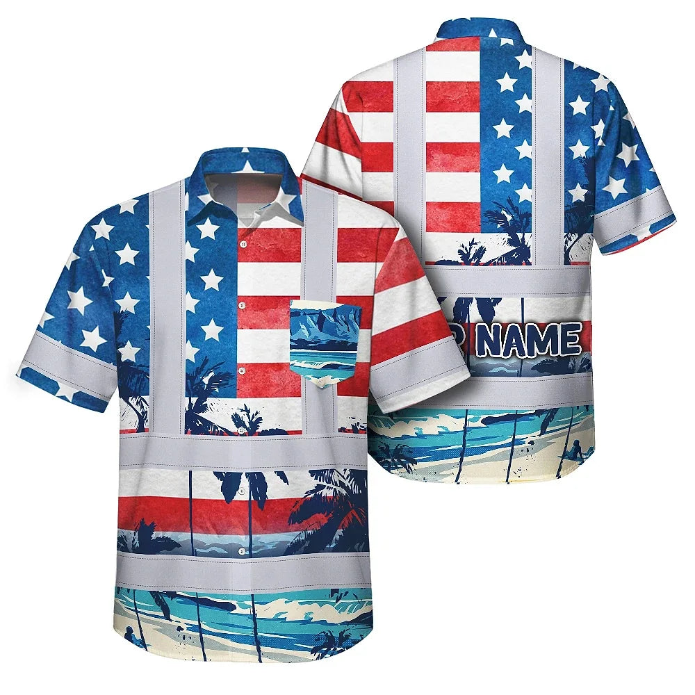 Hi Vis Hawaiian Shirt Reflective Tapes US Flag Blue Red Tree Custom Name Safety Workwear For Workers, Truckers, Operators, Independence