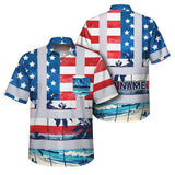 Hi Vis Hawaiian Shirt Reflective Tapes US Flag Blue Red Tree Custom Name Safety Workwear For Workers, Truckers, Operators, Independence