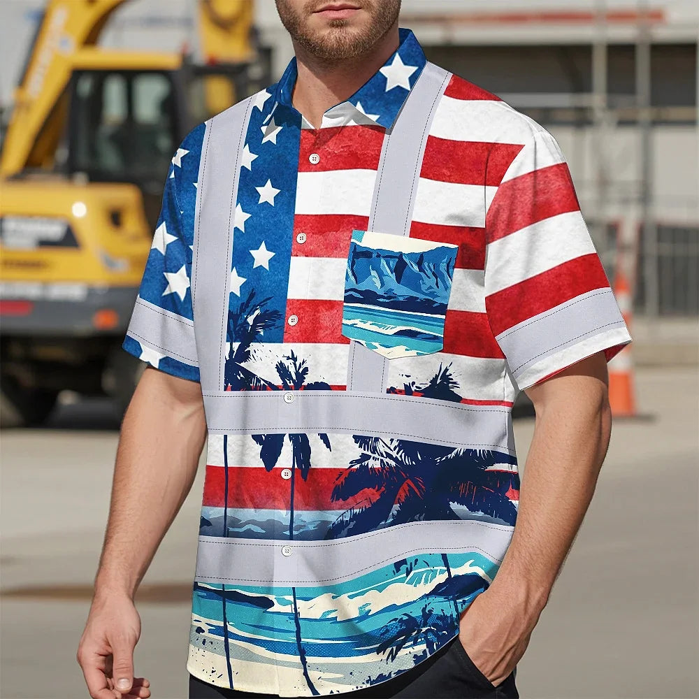 Hi Vis Hawaiian Shirt Reflective Tapes US Flag Blue Red Tree Custom Name Safety Workwear For Workers, Truckers, Operators, Independence