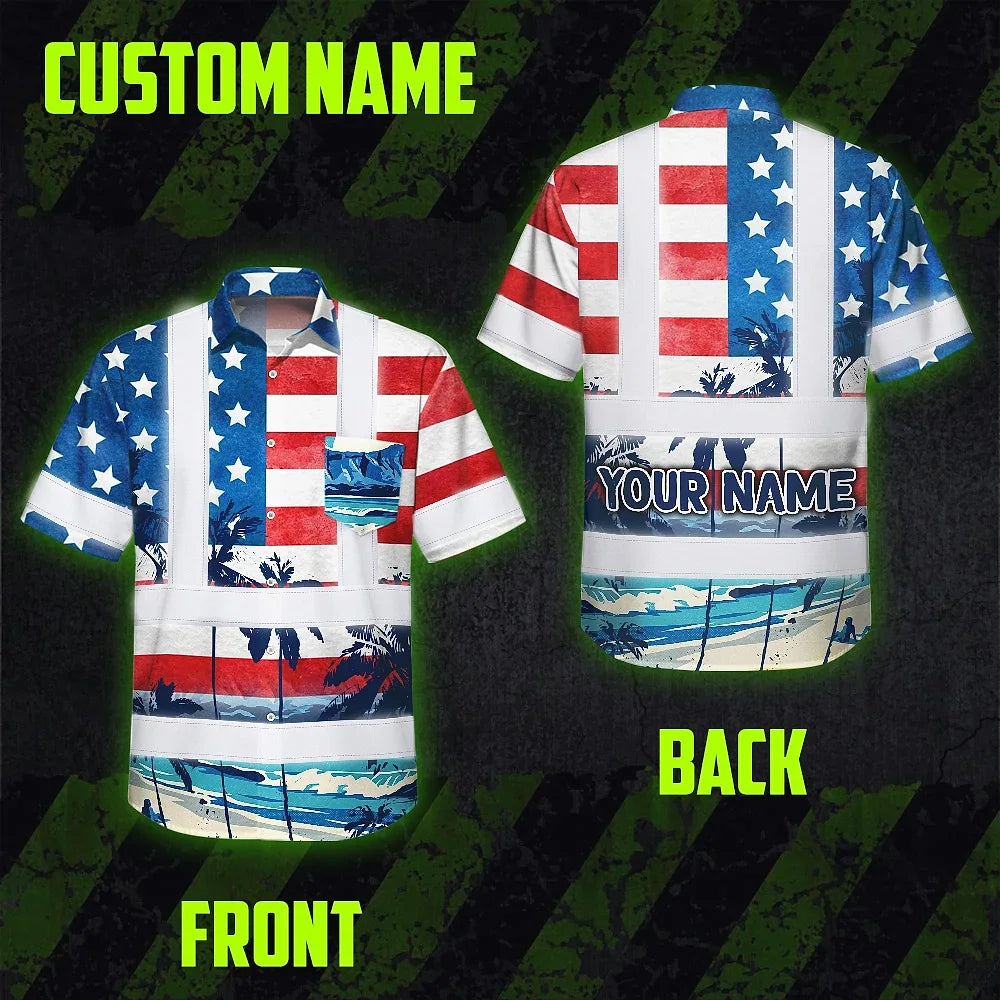 Hi Vis Hawaiian Shirt Reflective Tapes US Flag Blue Red Tree Custom Name Safety Workwear For Workers, Truckers, Operators, Independence