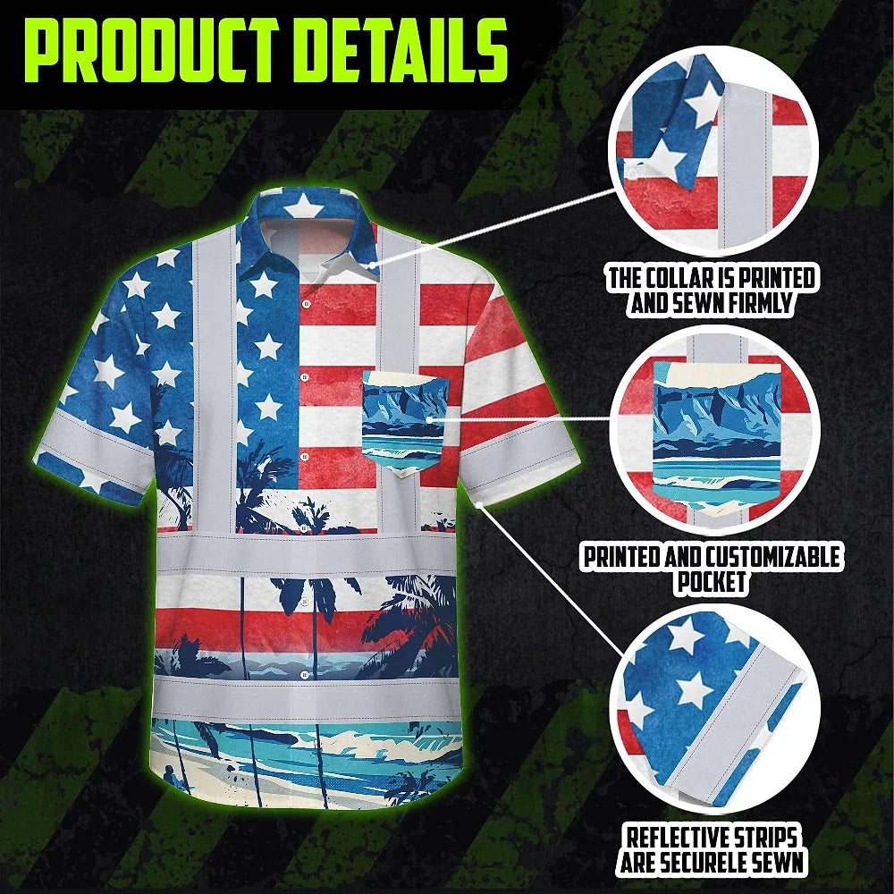 Hi Vis Hawaiian Shirt Reflective Tapes US Flag Blue Red Tree Custom Name Safety Workwear For Workers, Truckers, Operators, Independence