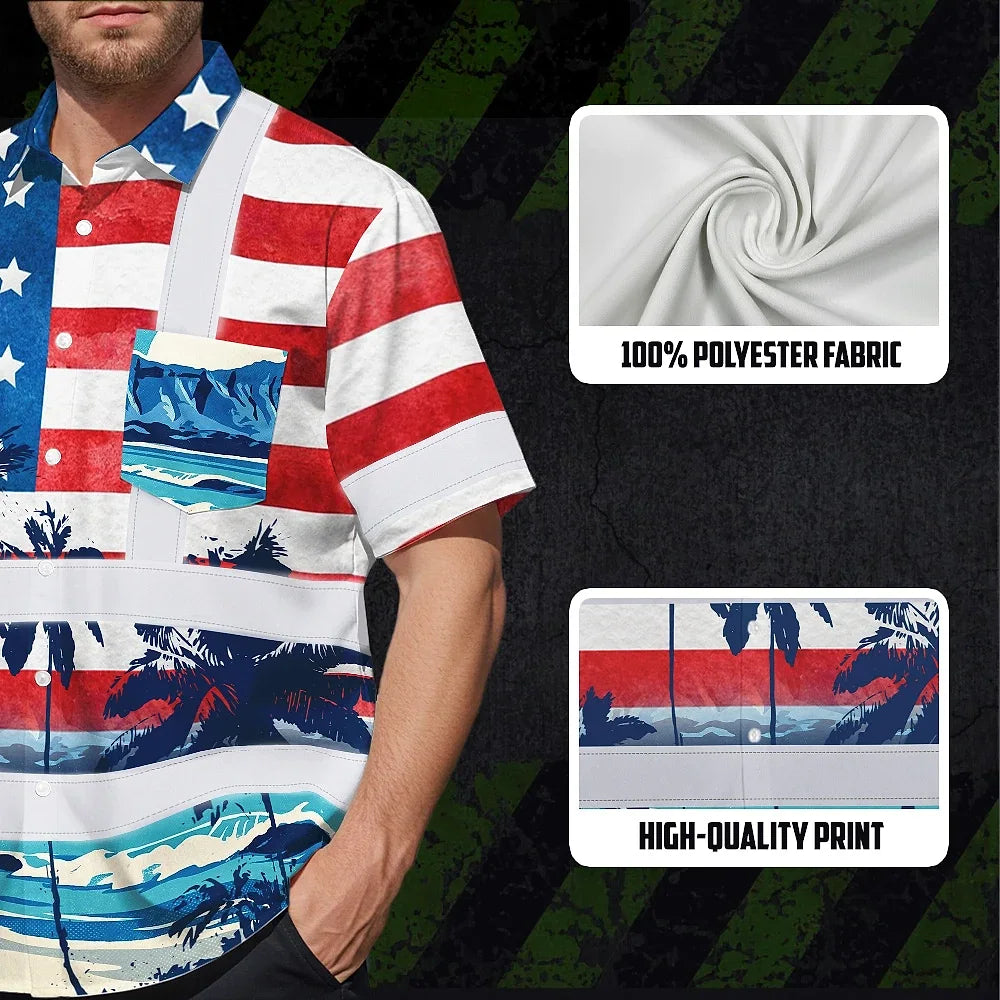 Hi Vis Hawaiian Shirt Reflective Tapes US Flag Blue Red Tree Custom Name Safety Workwear For Workers, Truckers, Operators, Independence