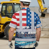Hi Vis Hawaiian Shirt Reflective Tapes US Flag Blue Red Tree Custom Name Safety Workwear For Workers, Truckers, Operators, Independence