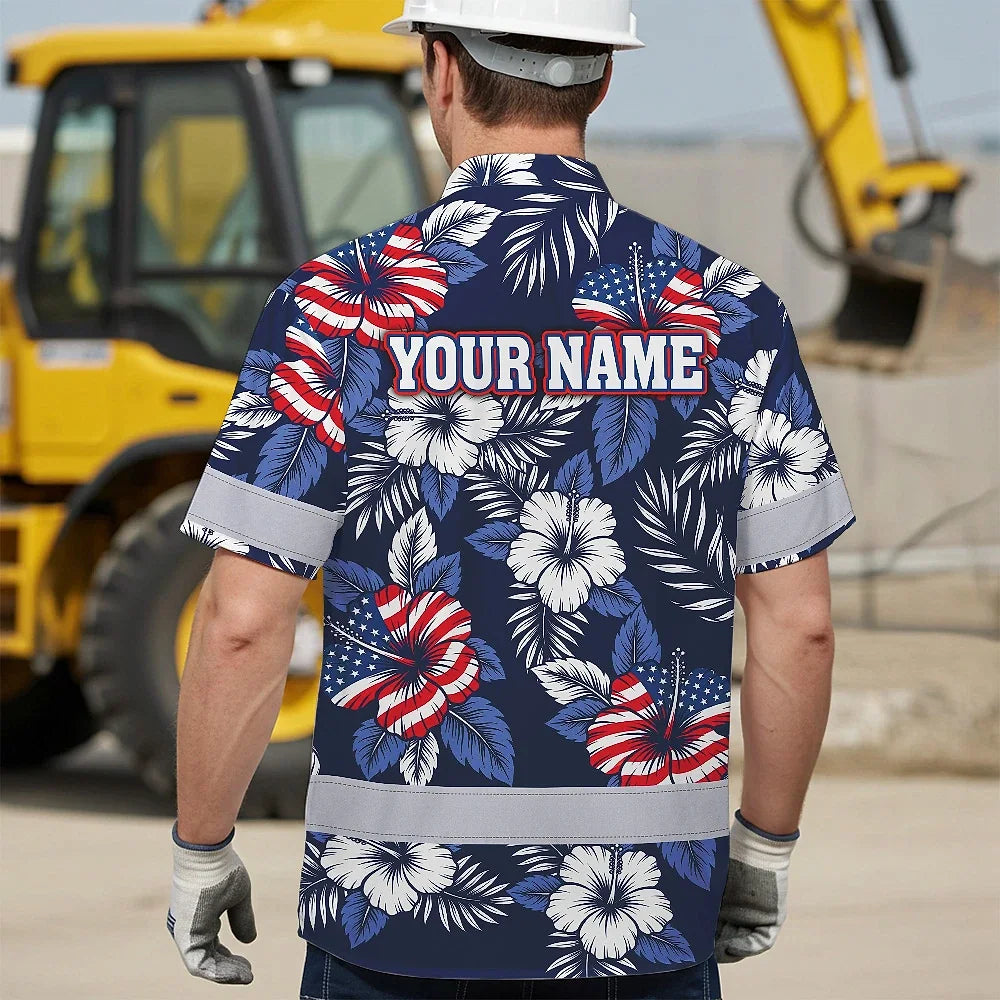 Hi Vis Hawaiian Shirt Reflective Tapes US Flag Flower 02 Custom Name Safety Workwear For Workers, Truckers, Operators, Independence