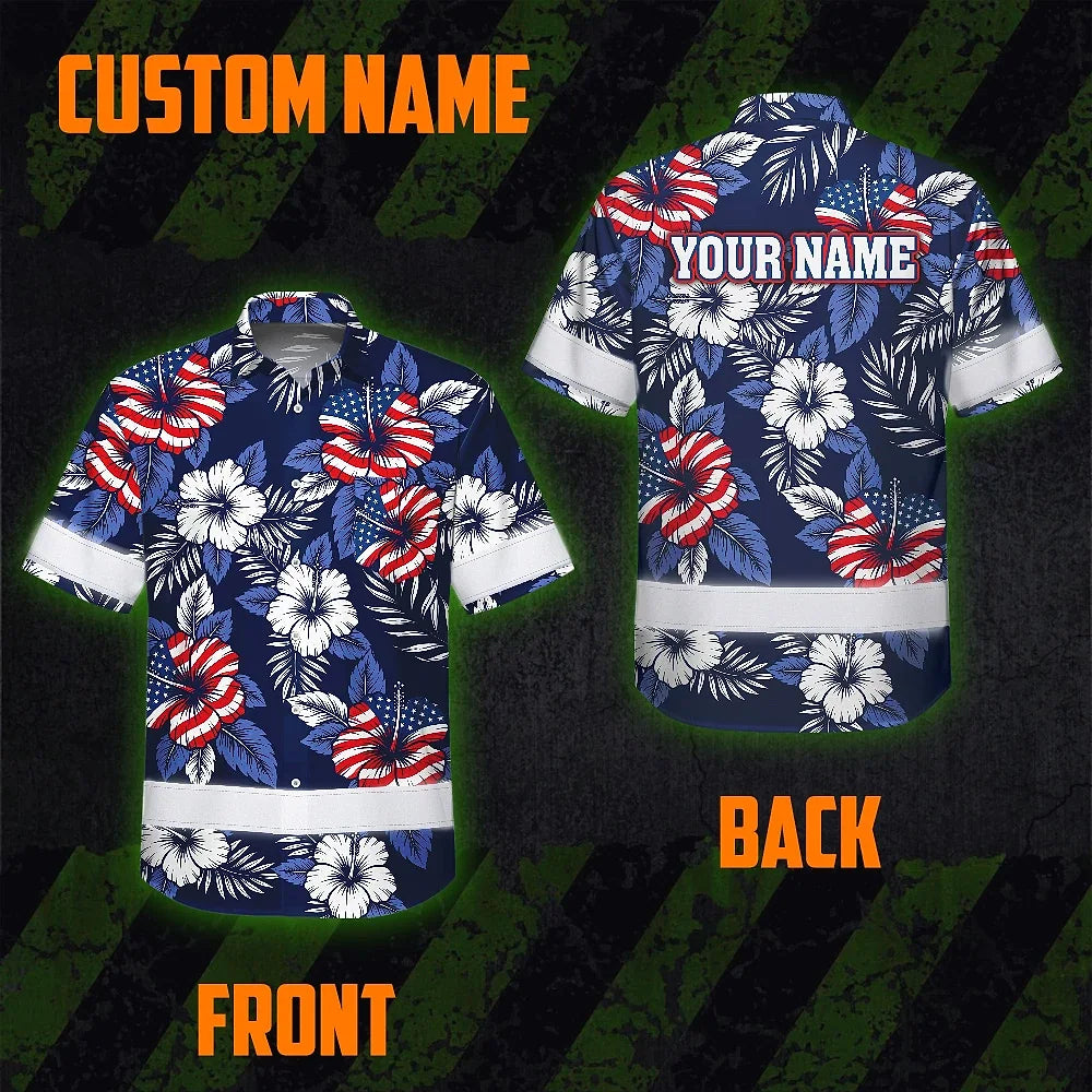 Hi Vis Hawaiian Shirt Reflective Tapes US Flag Flower 02 Custom Name Safety Workwear For Workers, Truckers, Operators, Independence