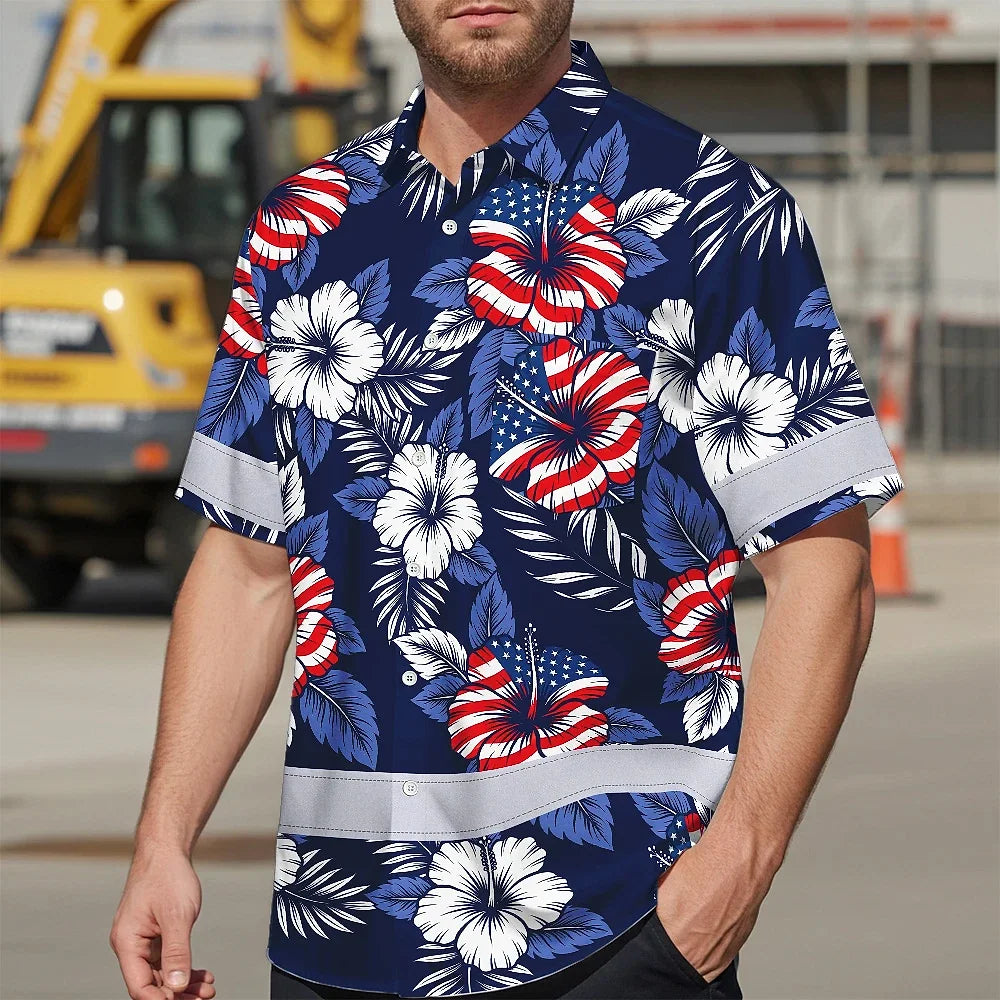 Hi Vis Hawaiian Shirt Reflective Tapes US Flag Flower 02 Custom Name Safety Workwear For Workers, Truckers, Operators, Independence