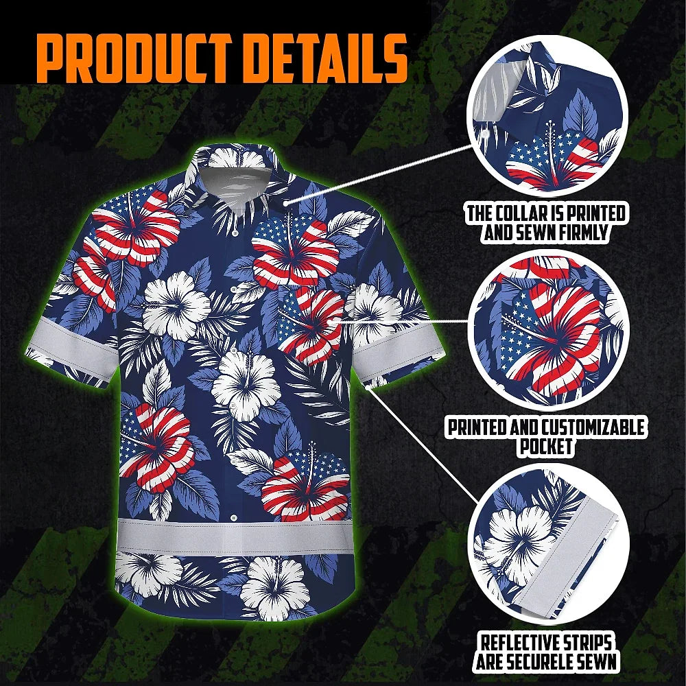Hi Vis Hawaiian Shirt Reflective Tapes US Flag Flower 02 Custom Name Safety Workwear For Workers, Truckers, Operators, Independence