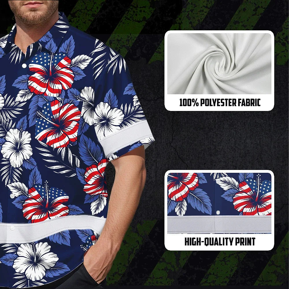 Hi Vis Hawaiian Shirt Reflective Tapes US Flag Flower 02 Custom Name Safety Workwear For Workers, Truckers, Operators, Independence
