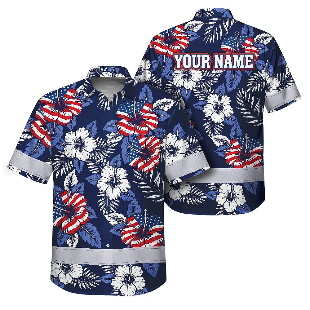 Hi Vis Hawaiian Shirt Reflective Tapes US Flag Flower 02 Custom Name Safety Workwear For Workers, Truckers, Operators, Independence