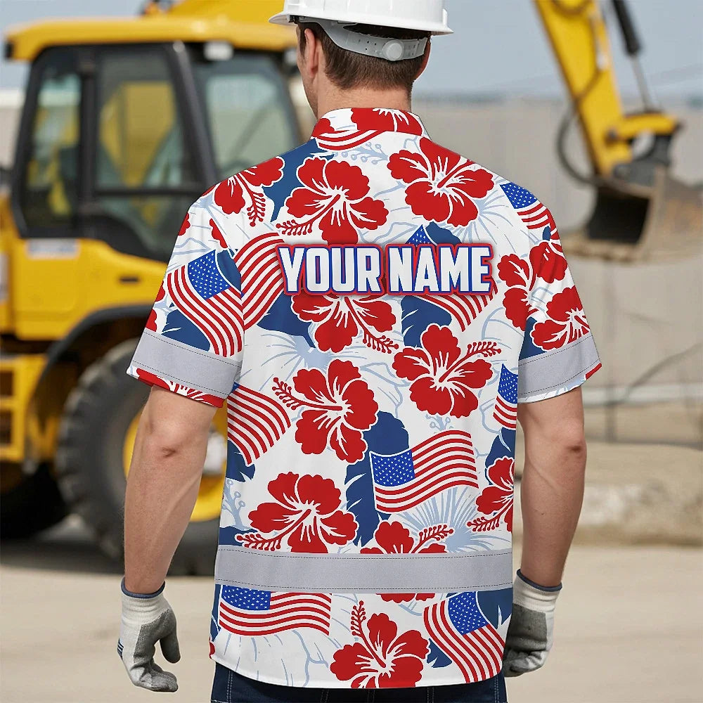 Hi Vis Hawaiian Shirt Reflective Tapes US Flag Flower  Custom Name Safety Workwear For Workers, Truckers, Operators