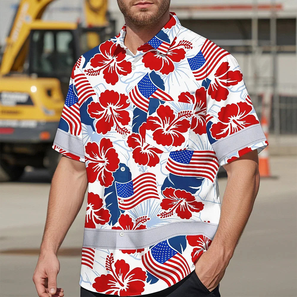 Hi Vis Hawaiian Shirt Reflective Tapes US Flag Flower  Custom Name Safety Workwear For Workers, Truckers, Operators
