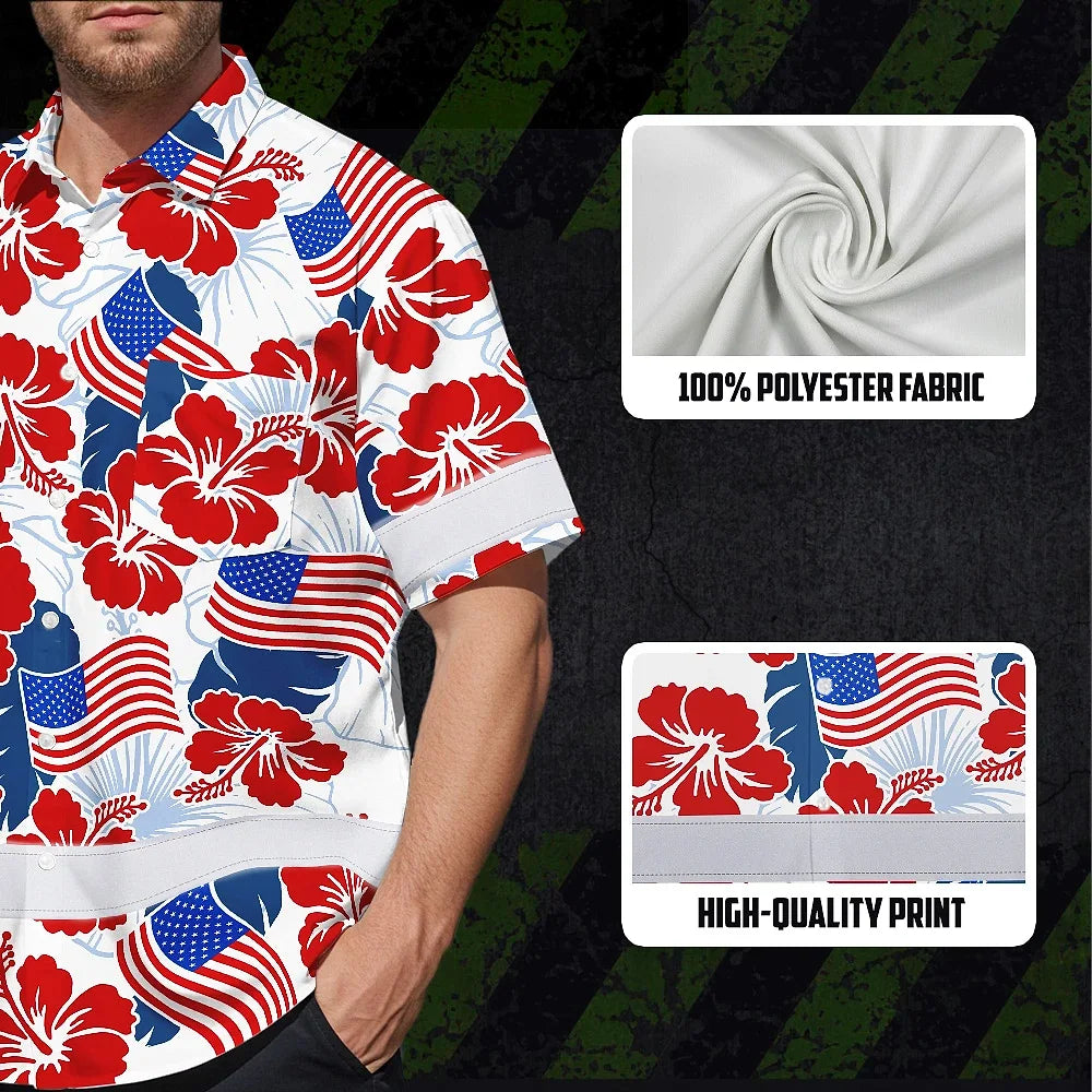Hi Vis Hawaiian Shirt Reflective Tapes US Flag Flower  Custom Name Safety Workwear For Workers, Truckers, Operators