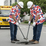 Hi Vis Hawaiian Shirt Reflective Tapes US Flag Flower  Custom Name Safety Workwear For Workers, Truckers, Operators