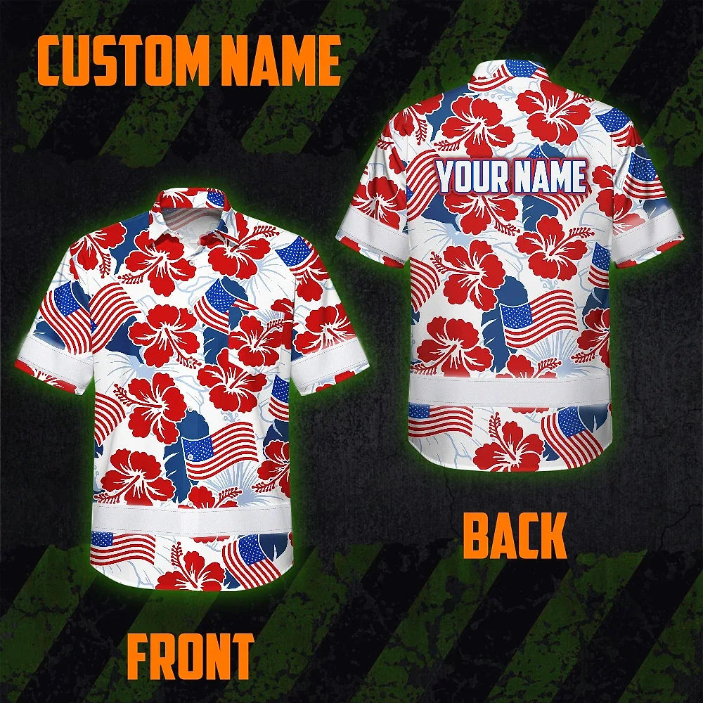 Hi Vis Hawaiian Shirt Reflective Tapes US Flag Flower  Custom Name Safety Workwear For Workers, Truckers, Operators