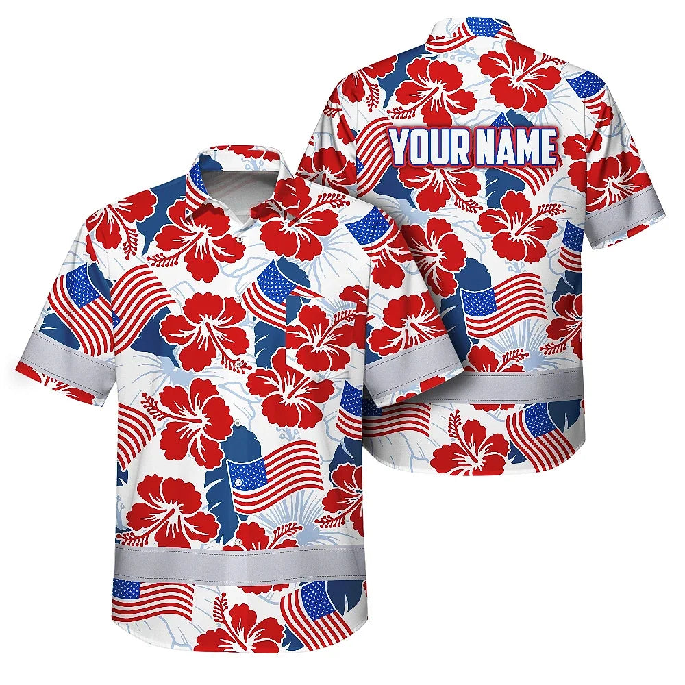 Hi Vis Hawaiian Shirt Reflective Tapes US Flag Flower  Custom Name Safety Workwear For Workers, Truckers, Operators