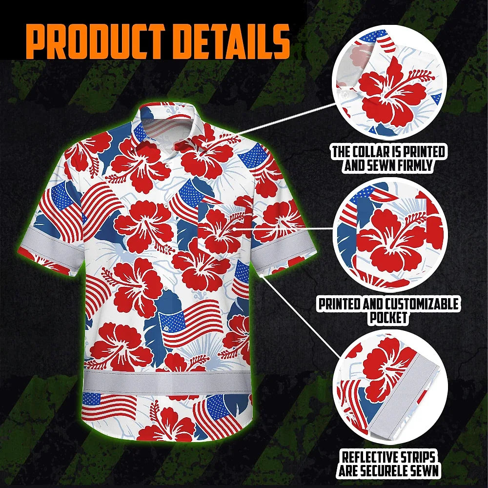 Hi Vis Hawaiian Shirt Reflective Tapes US Flag Flower  Custom Name Safety Workwear For Workers, Truckers, Operators