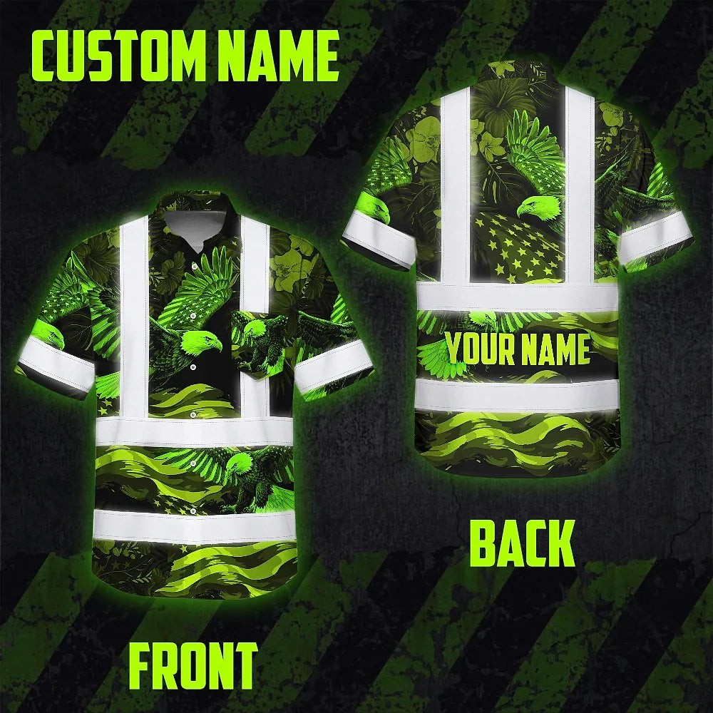 Hi Vis Hawaiian Shirt Reflective Tapes US Flag Lime Neon Eagle Custom Name Safety Workwear For Workers, Truckers, Operators, Independence