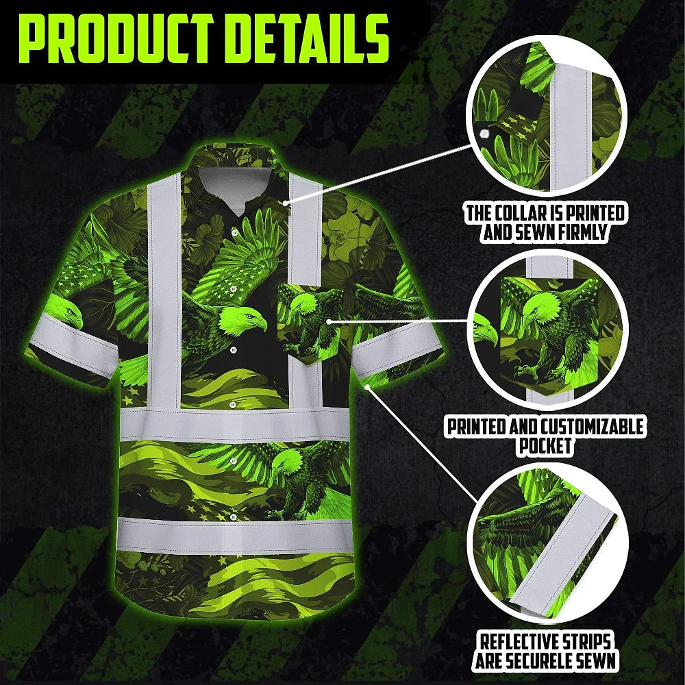 Hi Vis Hawaiian Shirt Reflective Tapes US Flag Lime Neon Eagle Custom Name Safety Workwear For Workers, Truckers, Operators, Independence