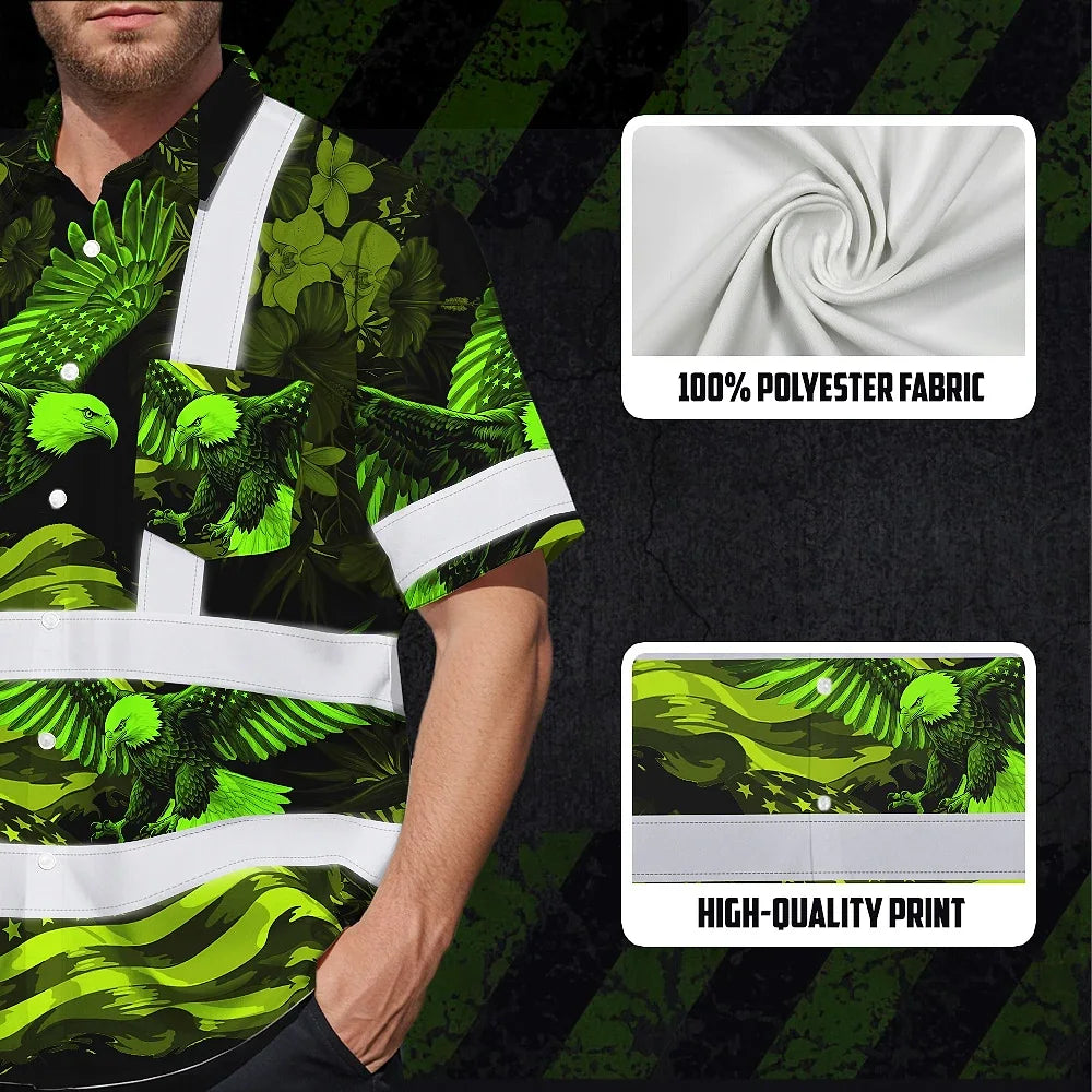 Hi Vis Hawaiian Shirt Reflective Tapes US Flag Lime Neon Eagle Custom Name Safety Workwear For Workers, Truckers, Operators, Independence
