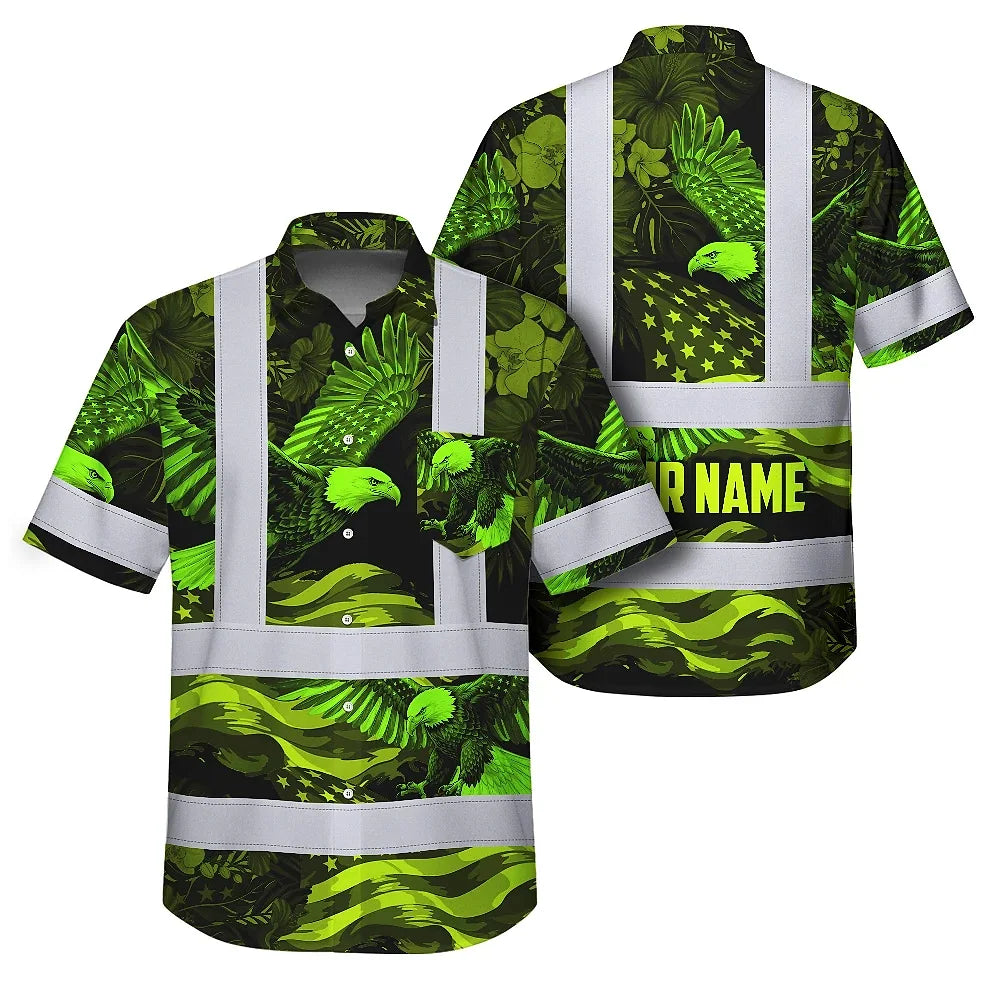 Hi Vis Hawaiian Shirt Reflective Tapes US Flag Lime Neon Eagle Custom Name Safety Workwear For Workers, Truckers, Operators, Independence