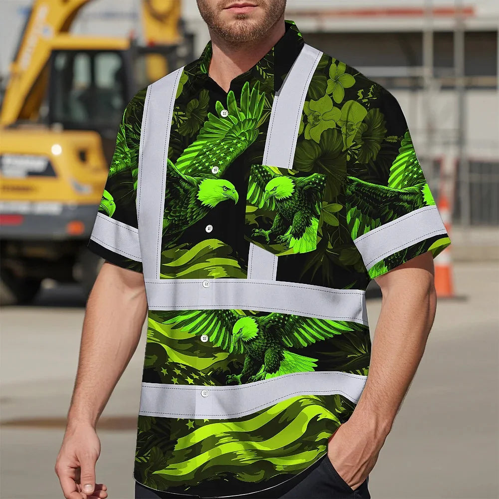 Hi Vis Hawaiian Shirt Reflective Tapes US Flag Lime Neon Eagle Custom Name Safety Workwear For Workers, Truckers, Operators, Independence