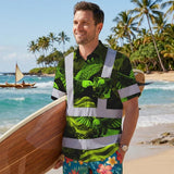 Hi Vis Hawaiian Shirt Reflective Tapes US Flag Lime Neon Eagle Custom Name Safety Workwear For Workers, Truckers, Operators, Independence