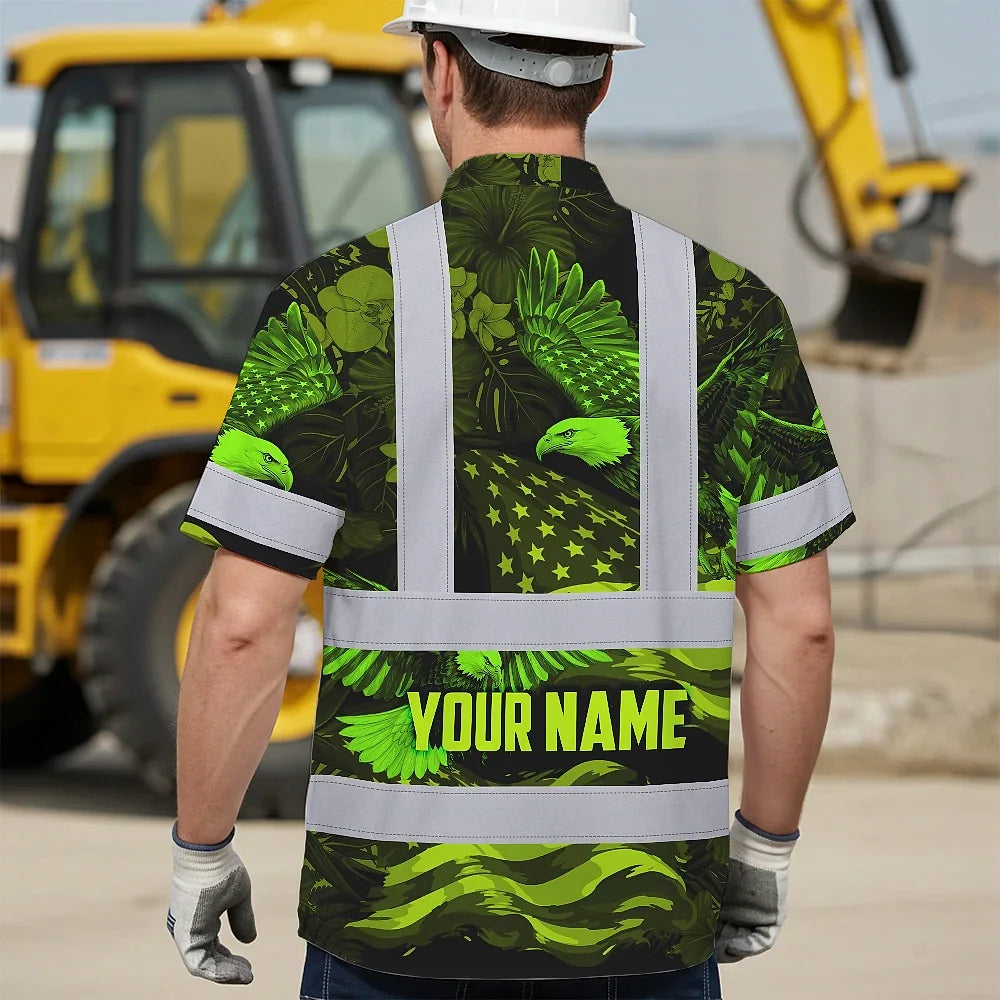 Hi Vis Hawaiian Shirt Reflective Tapes US Flag Lime Neon Eagle Custom Name Safety Workwear For Workers, Truckers, Operators, Independence